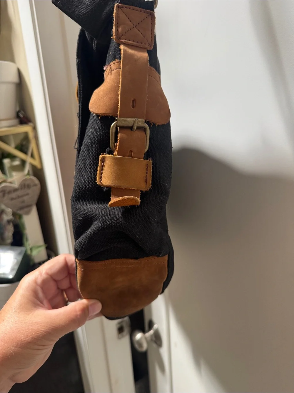 Sechunk Black Canvas cross body Messenger Bag with Tan Suede should Strap